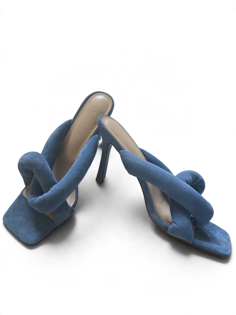 Blue Knotted Suede High Heel Mules